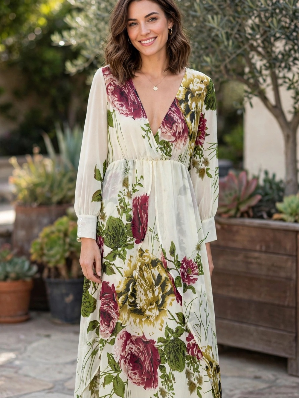 Florseo sheer floral maxi dress surplice Vneck long sleeve elastic waist 4XL